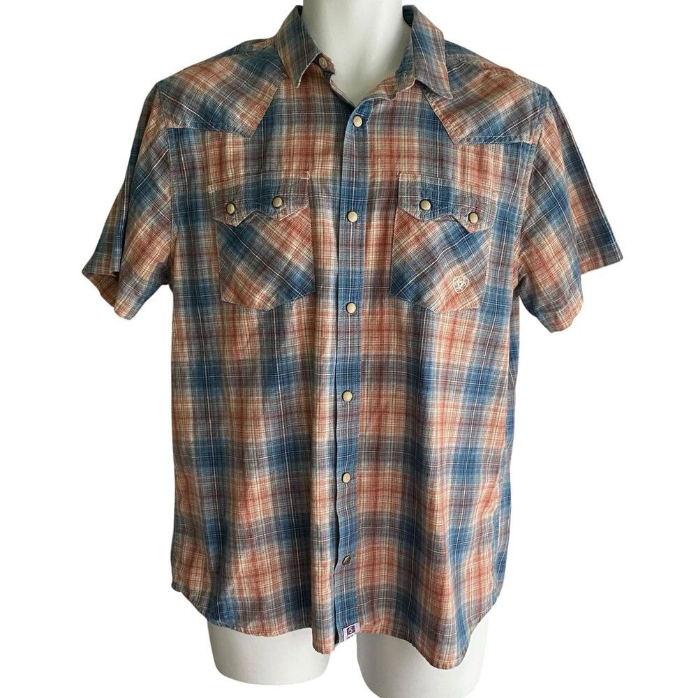 Ariat Shirt Mens Large Blue Plaid Snap Western Retro Fit Hadrian Short Sleeve